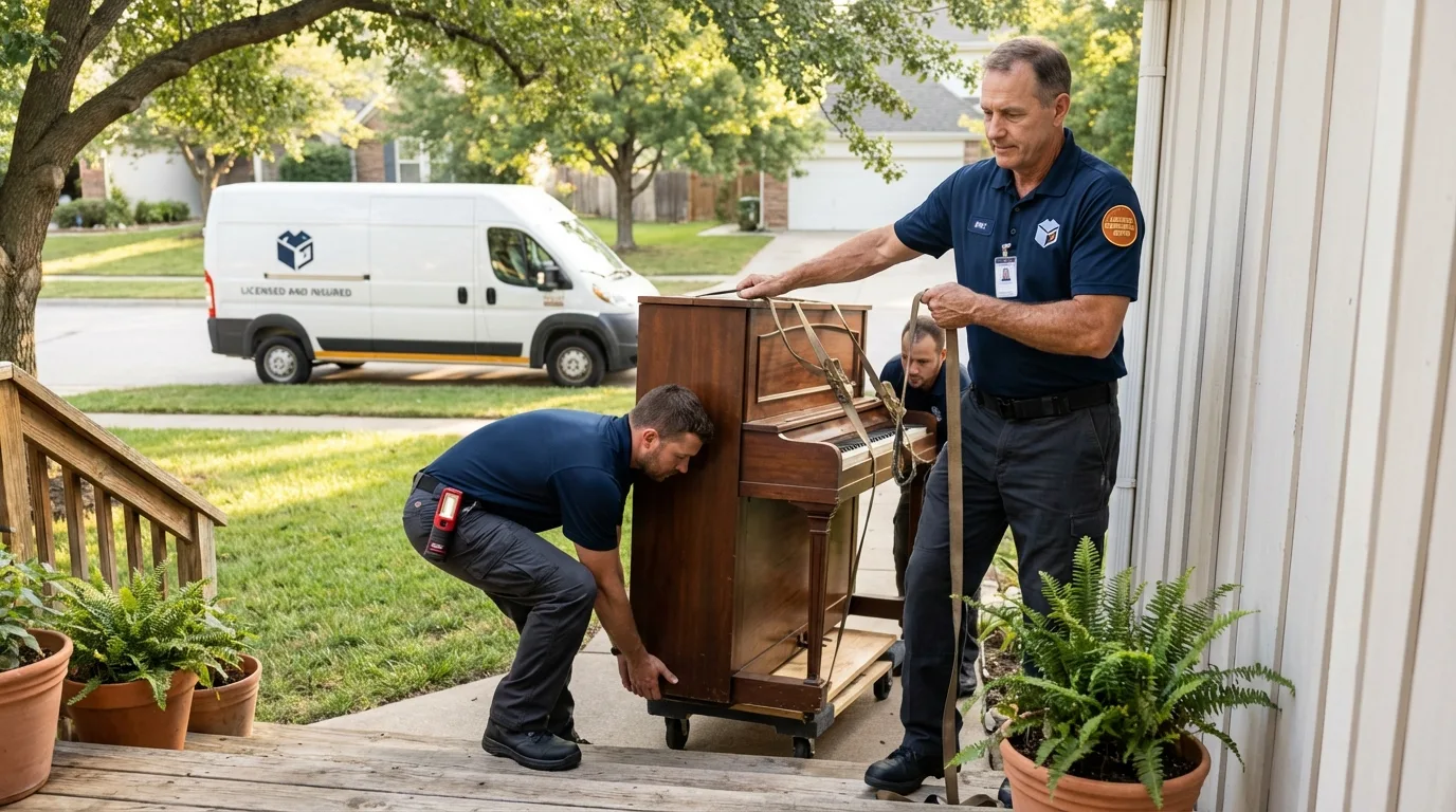 Licensed piano movers securing grand piano in East Helena, MT