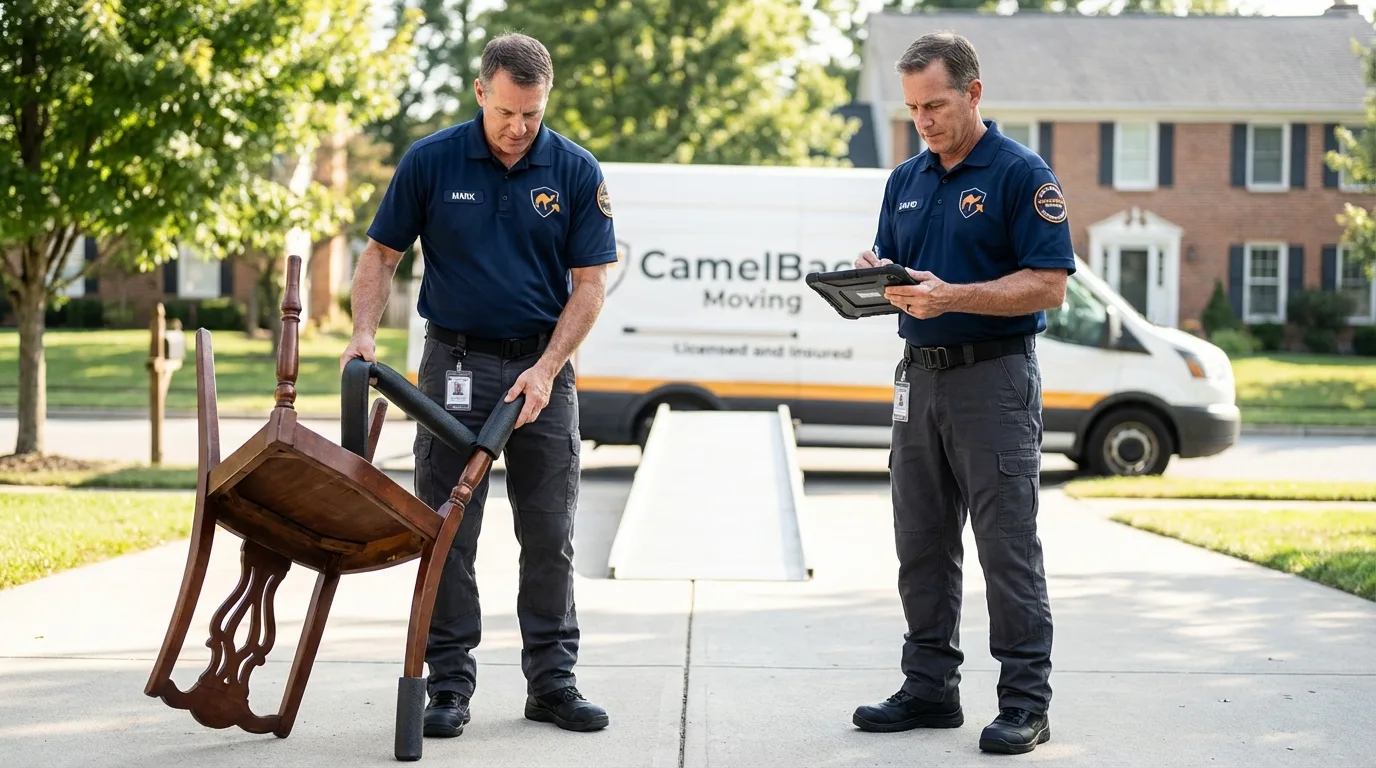Movers inspecting furniture for damage prevention before loading in East Helena, MT