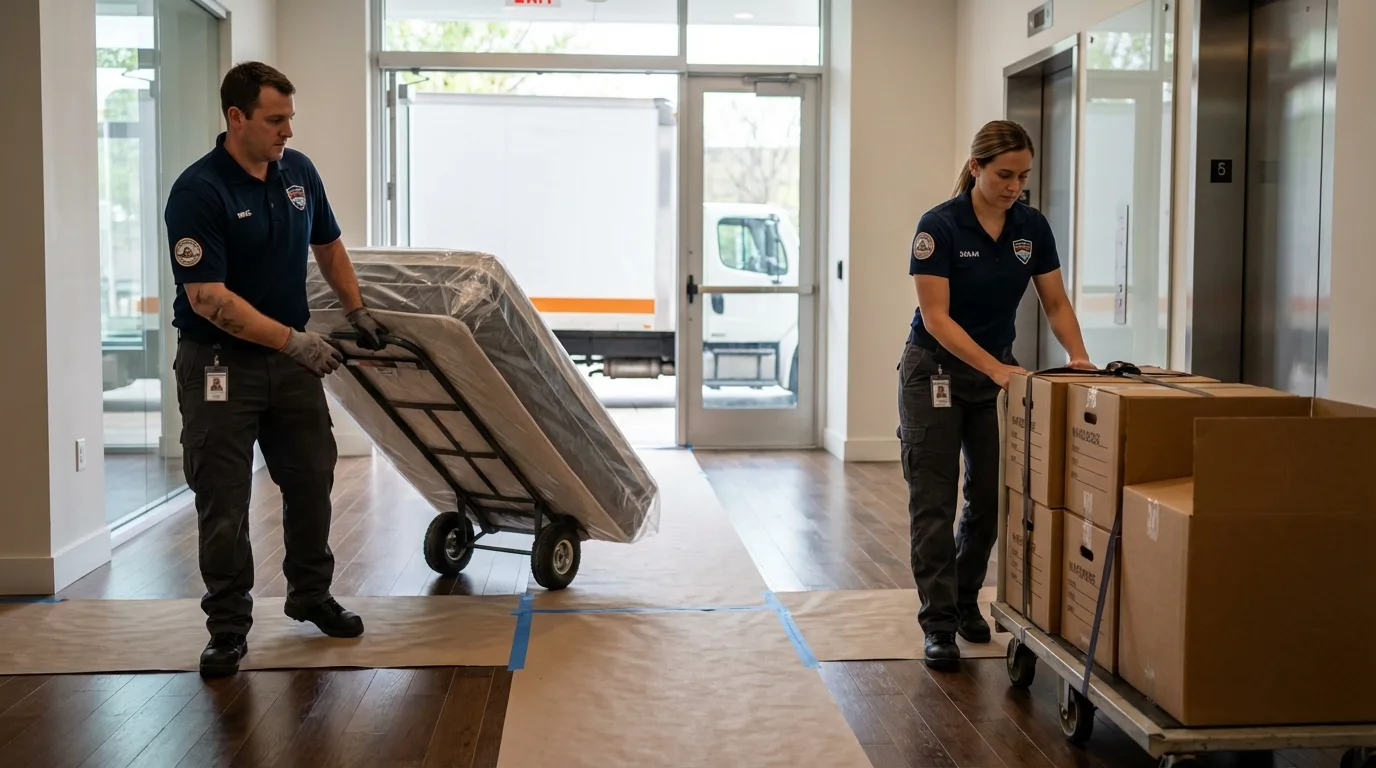 Professional apartment movers loading elevator in East Helena, MT