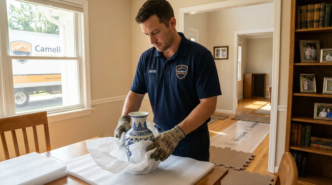 Professional crew carefully wrapping antique vase for senior downsizing move in East Helena, MT